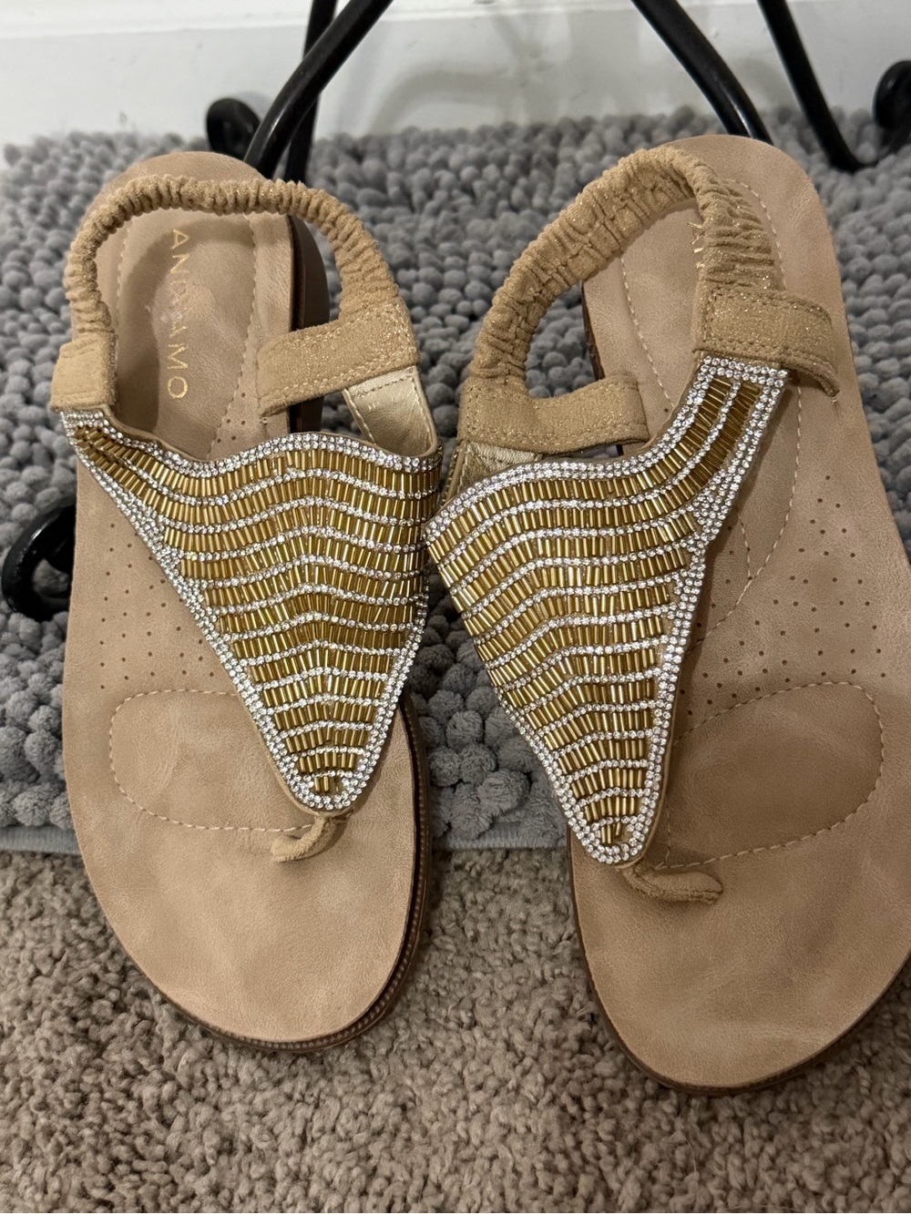 Andiamo Beige Beaded T-Strap Sandals